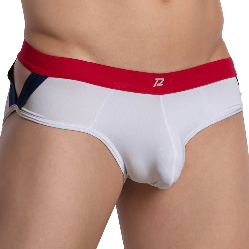 White men’s briefs pistol pete ppj033 with red waistband silver p2 logo and navy blue side panels