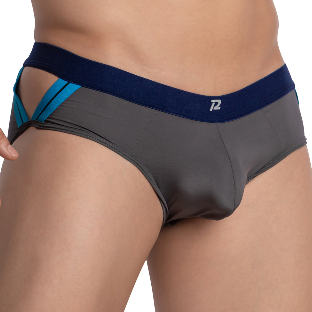 Pistol pete ppj033 brief dark gray and teal striped men’s briefs with navy blue waistband and white logo