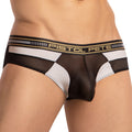 Black and white checkered mesh briefs with gold pistol pete waistband pouch design for everyday wear