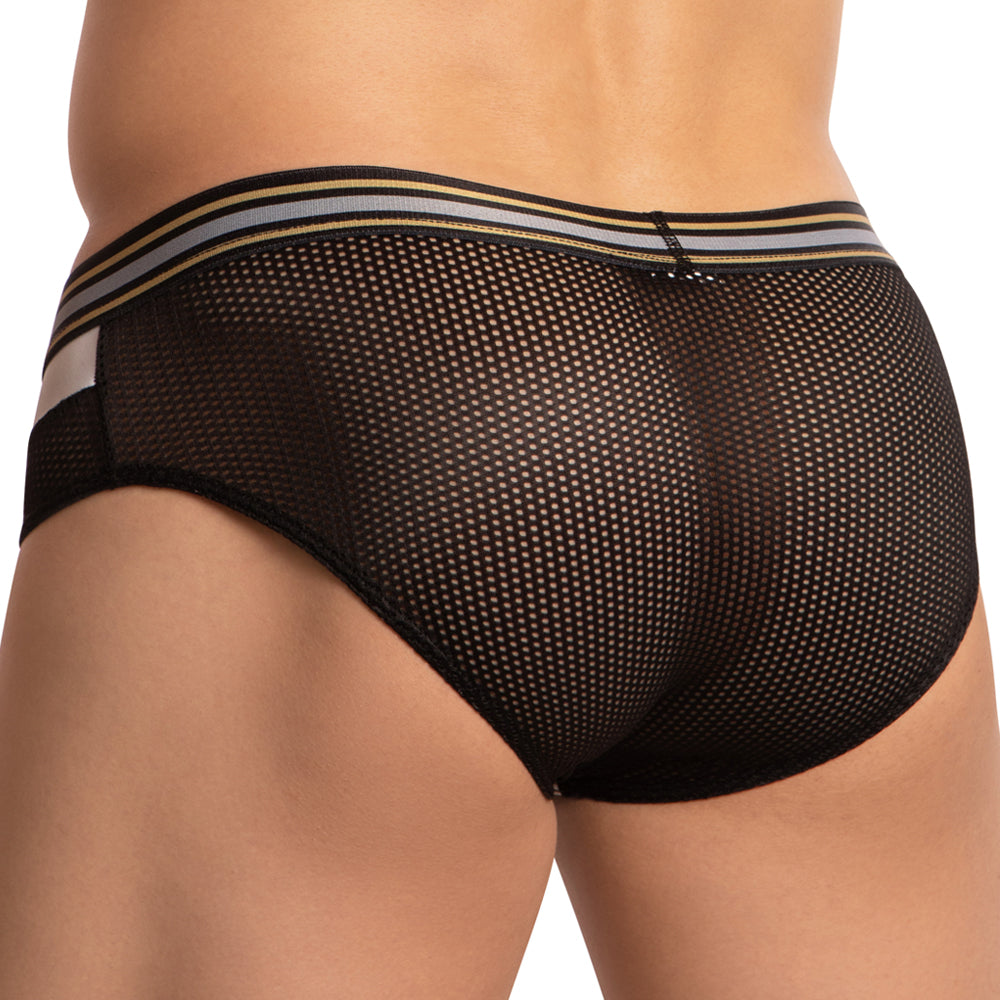 Black mesh briefs pistol pete ppj034 with a striped waistband featuring gold and gray accents