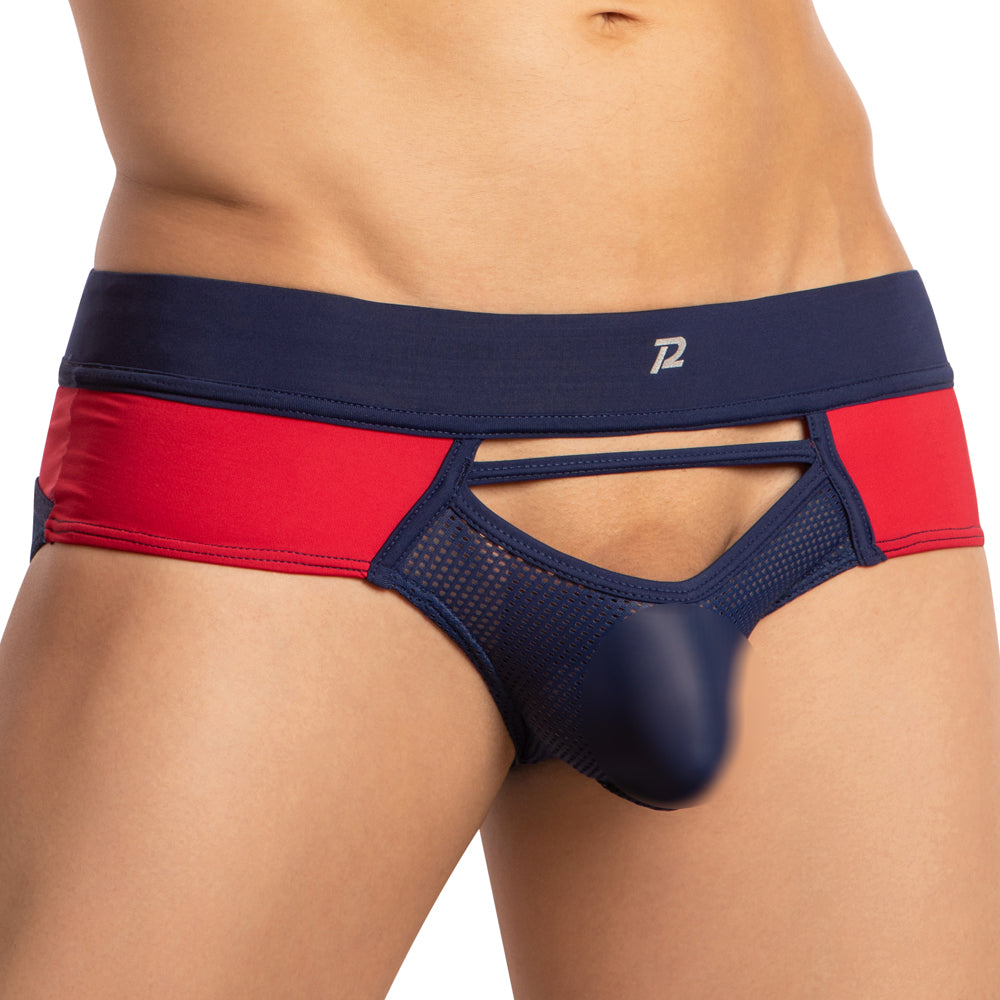 Navy blue and red pistol pete ppj035 men’s briefs with mesh panel cutout design and branded waistband logo