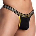 Black and yellow pistol pete PPK004 thong with striped waistband showing the back side of the underwear