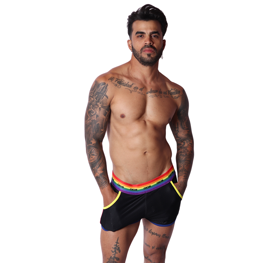 Pride Shorts on model by Gigo Underwear
