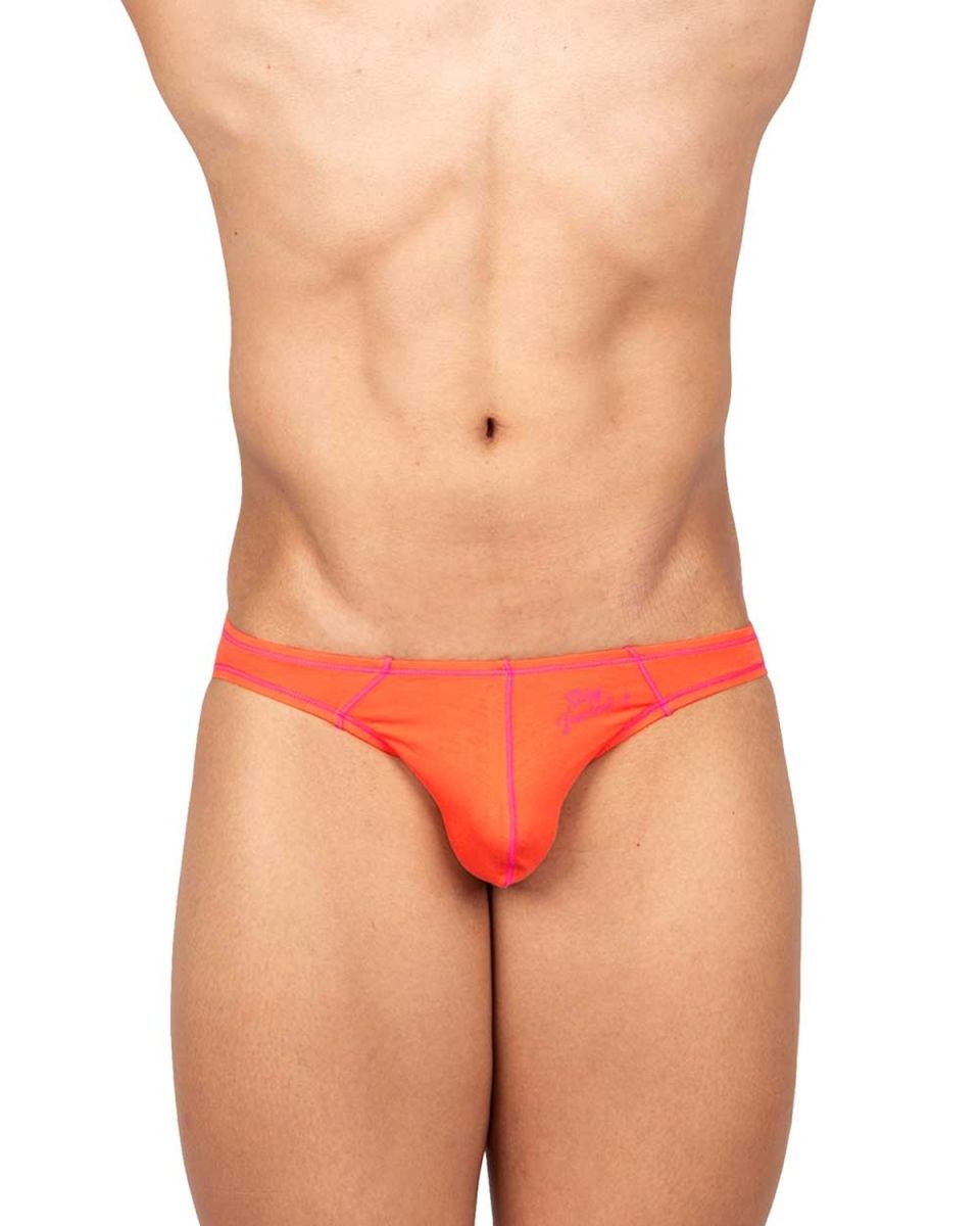 Vibrant orange men’s thong with pink trim and subtle private structure branding on waistband in tangarine color