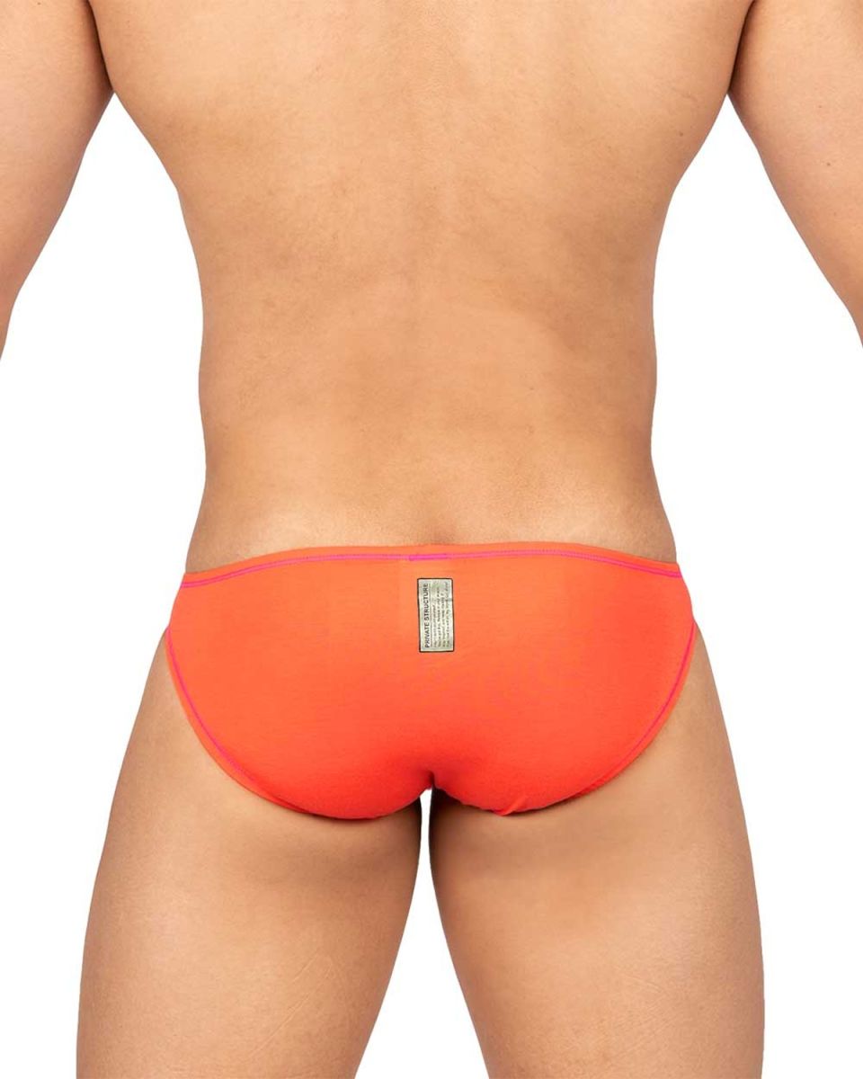 Back view of vibrant orange private structure epus4563 prime eutopia bikini brief with pink trim and label