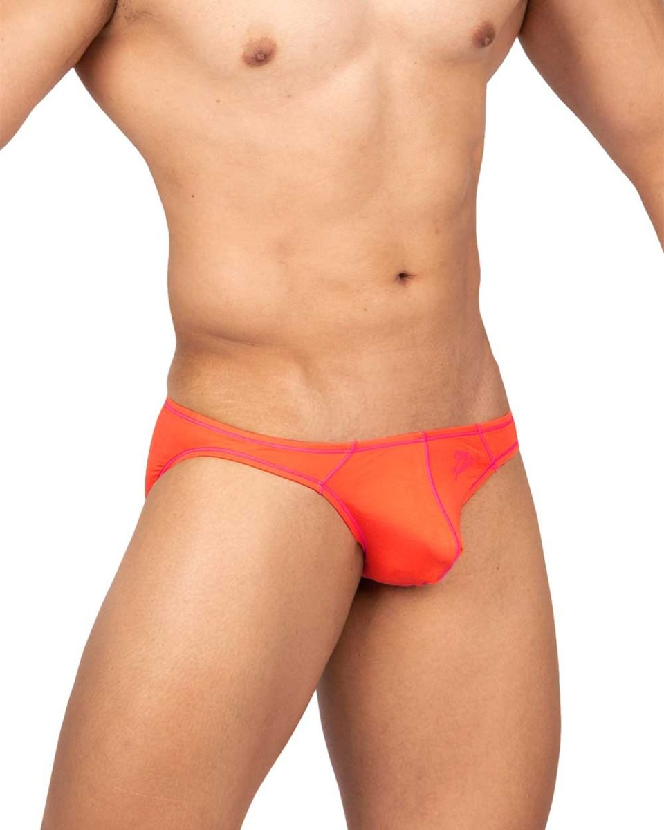 Bright orange tangarine bikini briefs with neon pink trim and subtle star embroidery from private structure