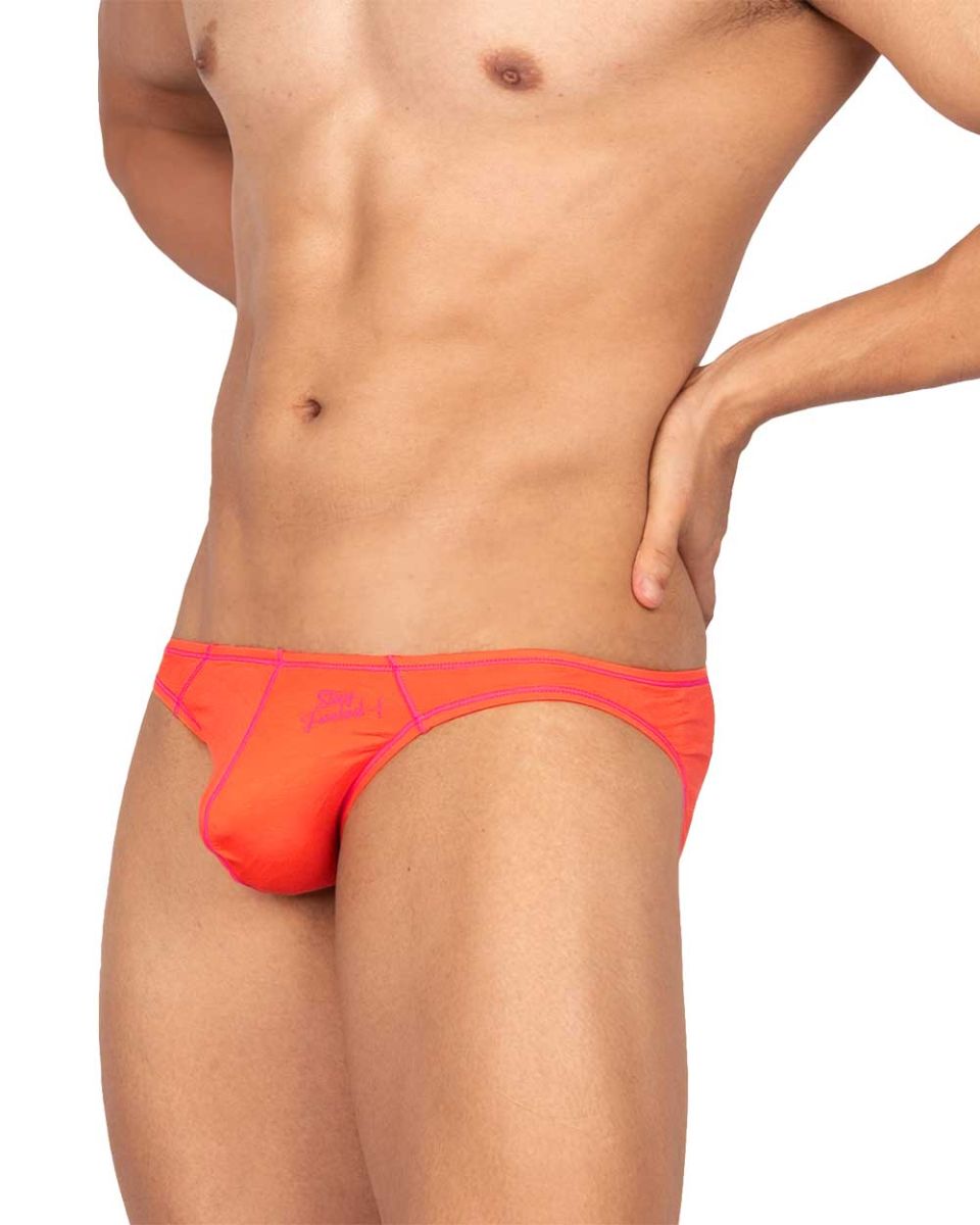 Bright orange private structure epus4563 prime eutopia bikini brief with subtle pink trim and front logo in tangarine