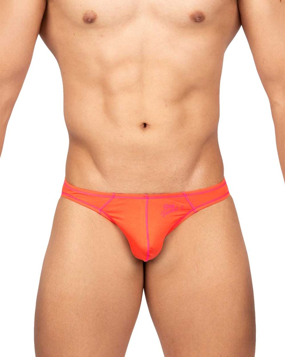 Private Structure EPUS4563 Prime Eutopia bright orange athletic bikini briefs with pink trim and subtle front branding