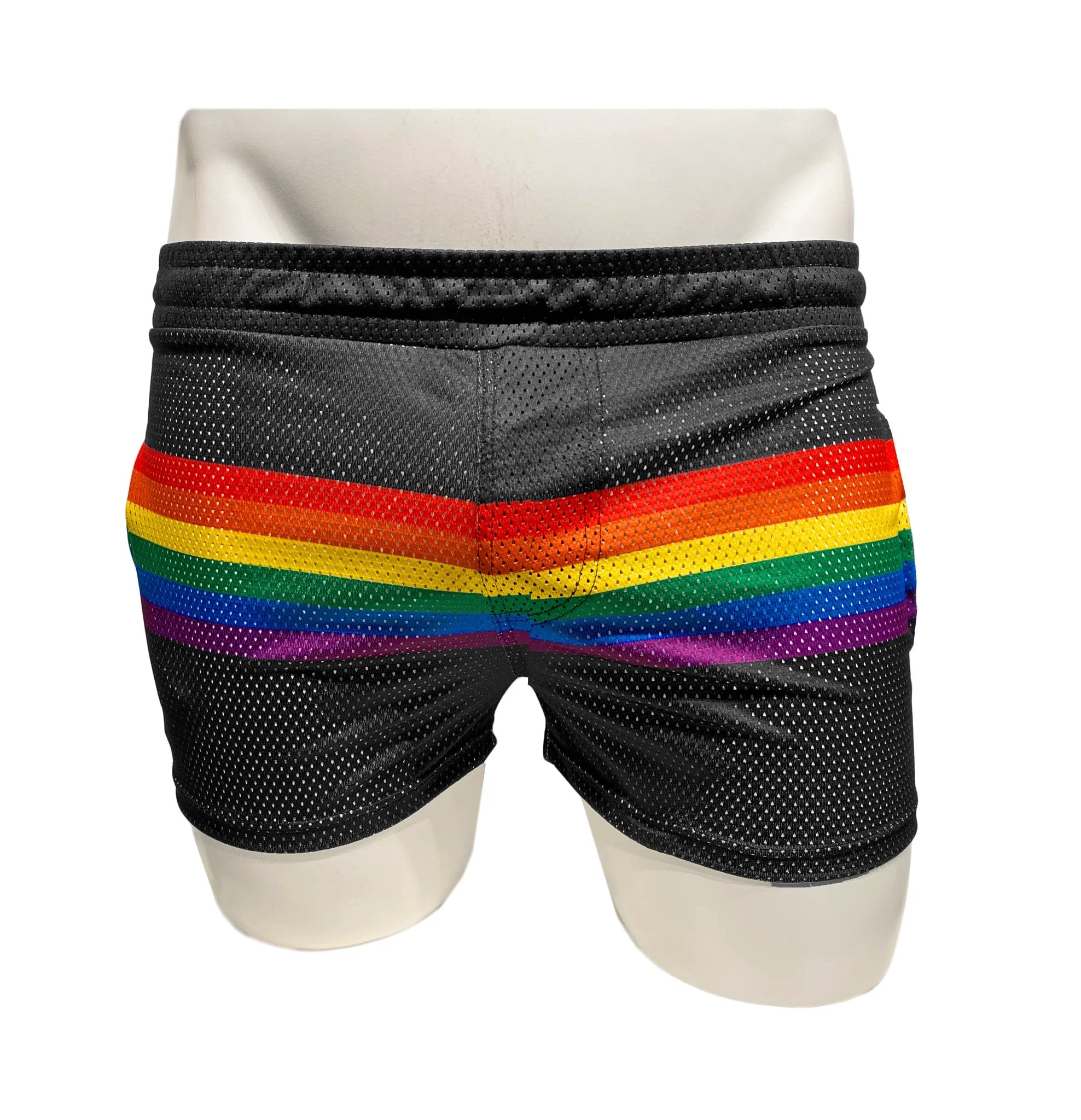 Black mesh shorts featuring a bold horizontal rainbow stripe across the front for vibrant activewear style