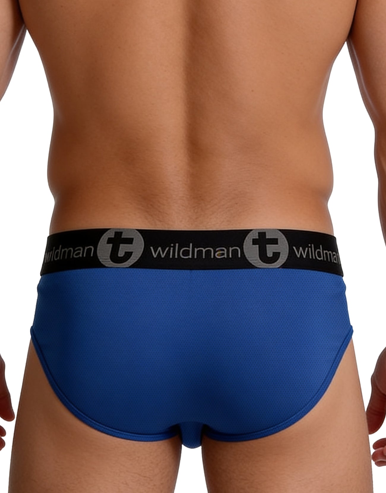 Back view of royal blue mesh brief with a black branded waistband featuring the Wildman logo.