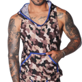 Sleeveless camo-print hooded shirt in brown, beige, and black with blue trim and a front kangaroo pocket.