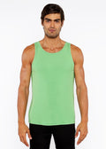 A solid light green rib modal sleeveless tank top with a round neckline and straight hem