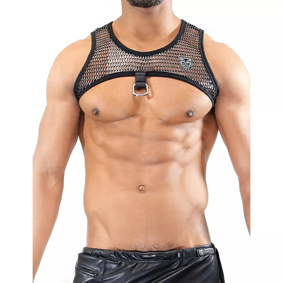 Black mesh roman harness top with silver buckle and reinforced black trim for edgy fashion looks