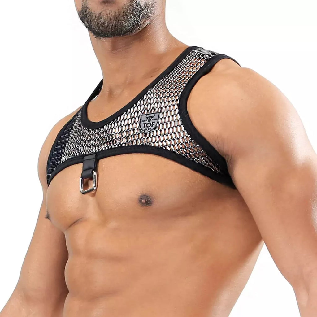 Black mesh Roman harness with silver-toned metal buckle and brand logo detailing