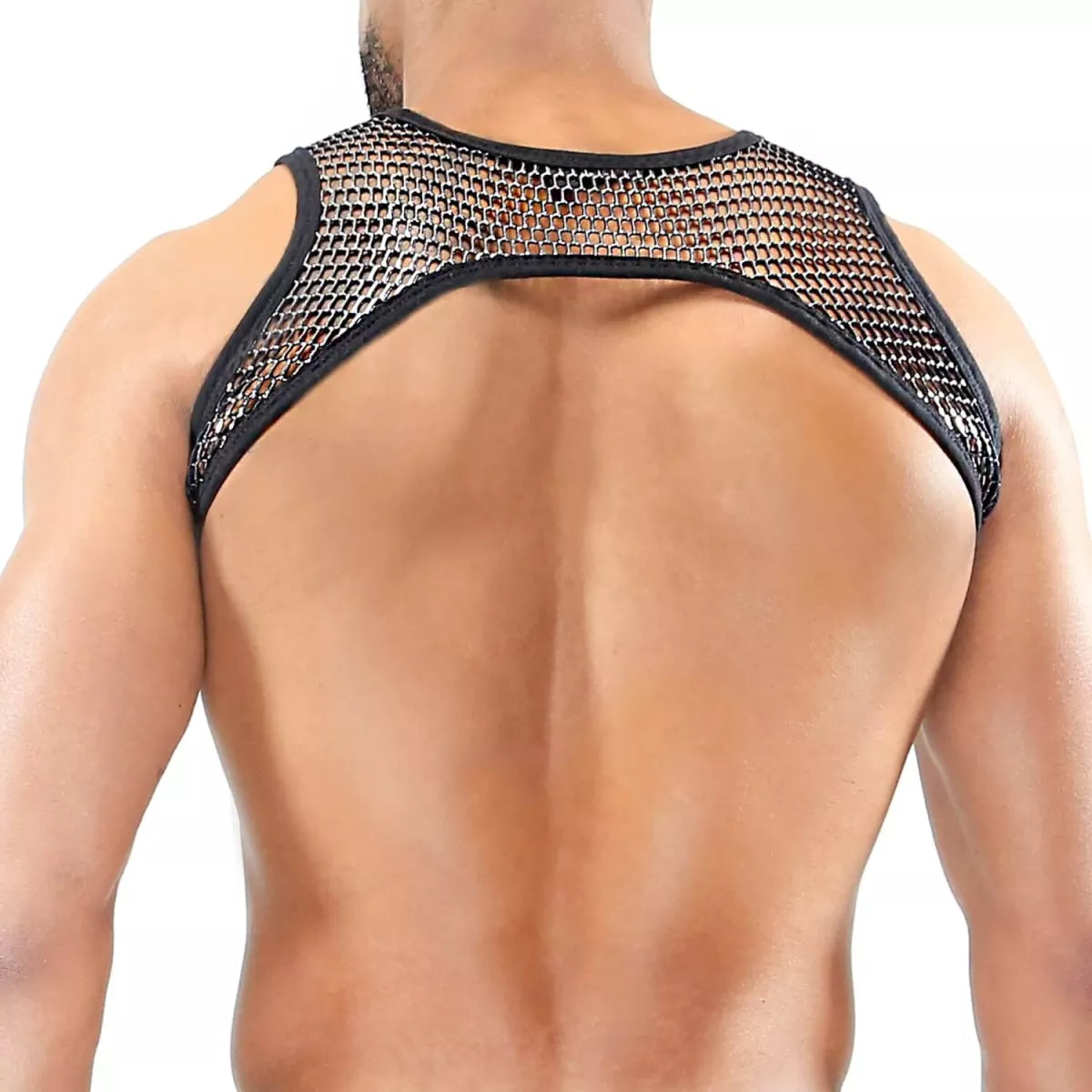 Black mesh roman harness shoulder harness with sleek form-fitting design visible from the back side