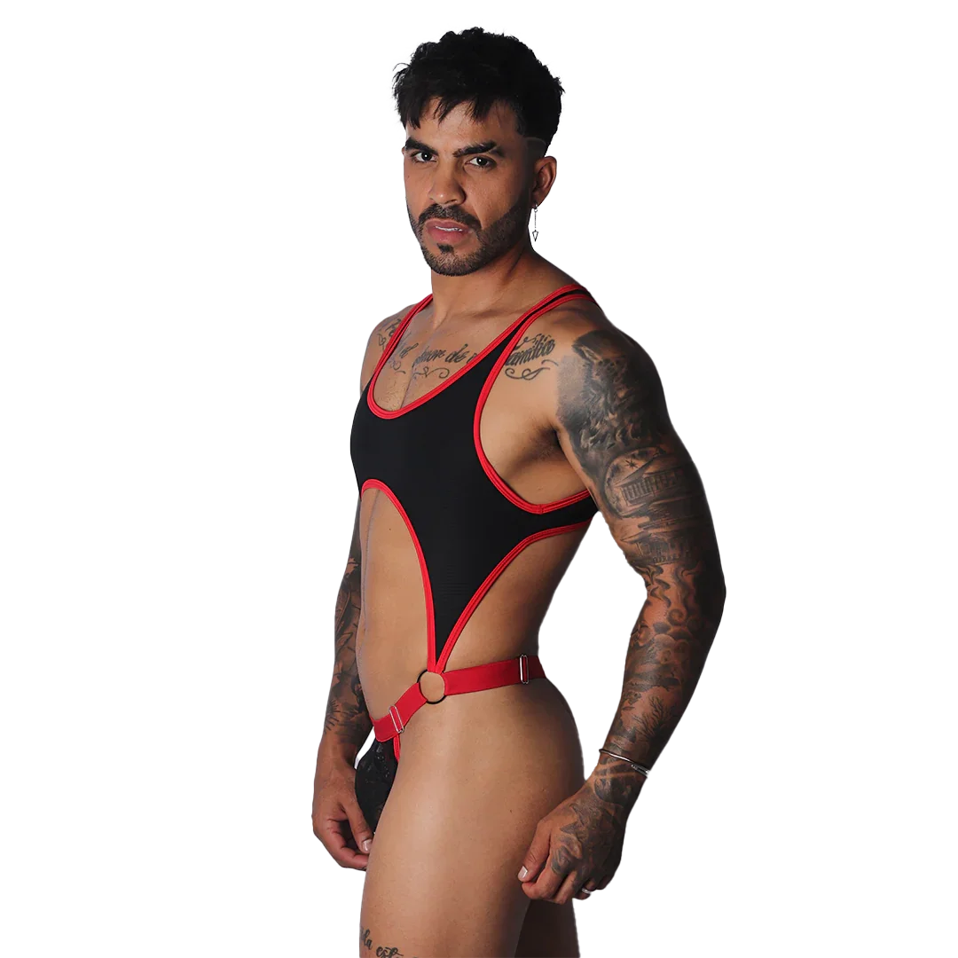Black athletic-style bodysuit with red trim, high-cut legs, O-ring accents, and adjustable red strap detailing.