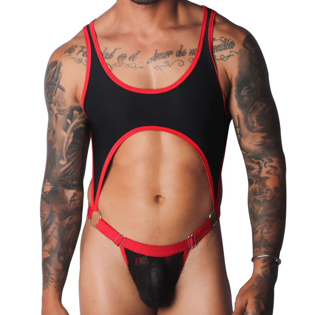 Black and red scoop-neck bodysuit with a chest cutout, O-ring connectors, and a sheer lace pouch.