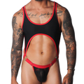 Black and red scoop-neck bodysuit with a chest cutout, O-ring connectors, and a sheer lace pouch.