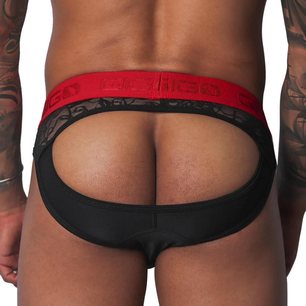 Black jockstrap with an open back, lace trim, and a thick red elastic waistband featuring the Gigo logo.