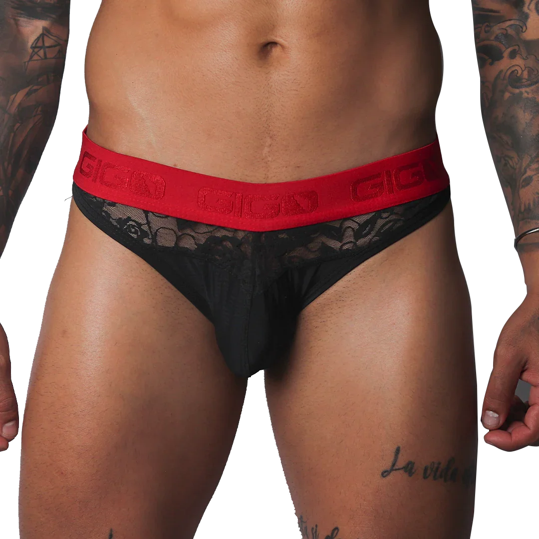 Black lace brief with a red elastic waistband featuring the Gigo logo in a repeat pattern.