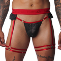Red and black lace garter belt with metallic rings, elastic straps, and a branded logo waistband.