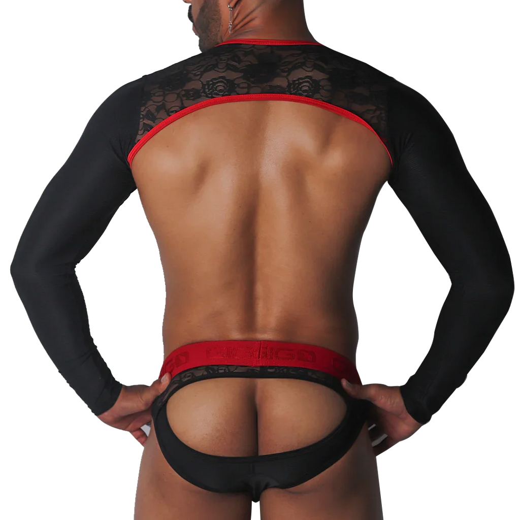 Black lace long-sleeve harness with red trim and matching red-accented, open-back jockstrap.