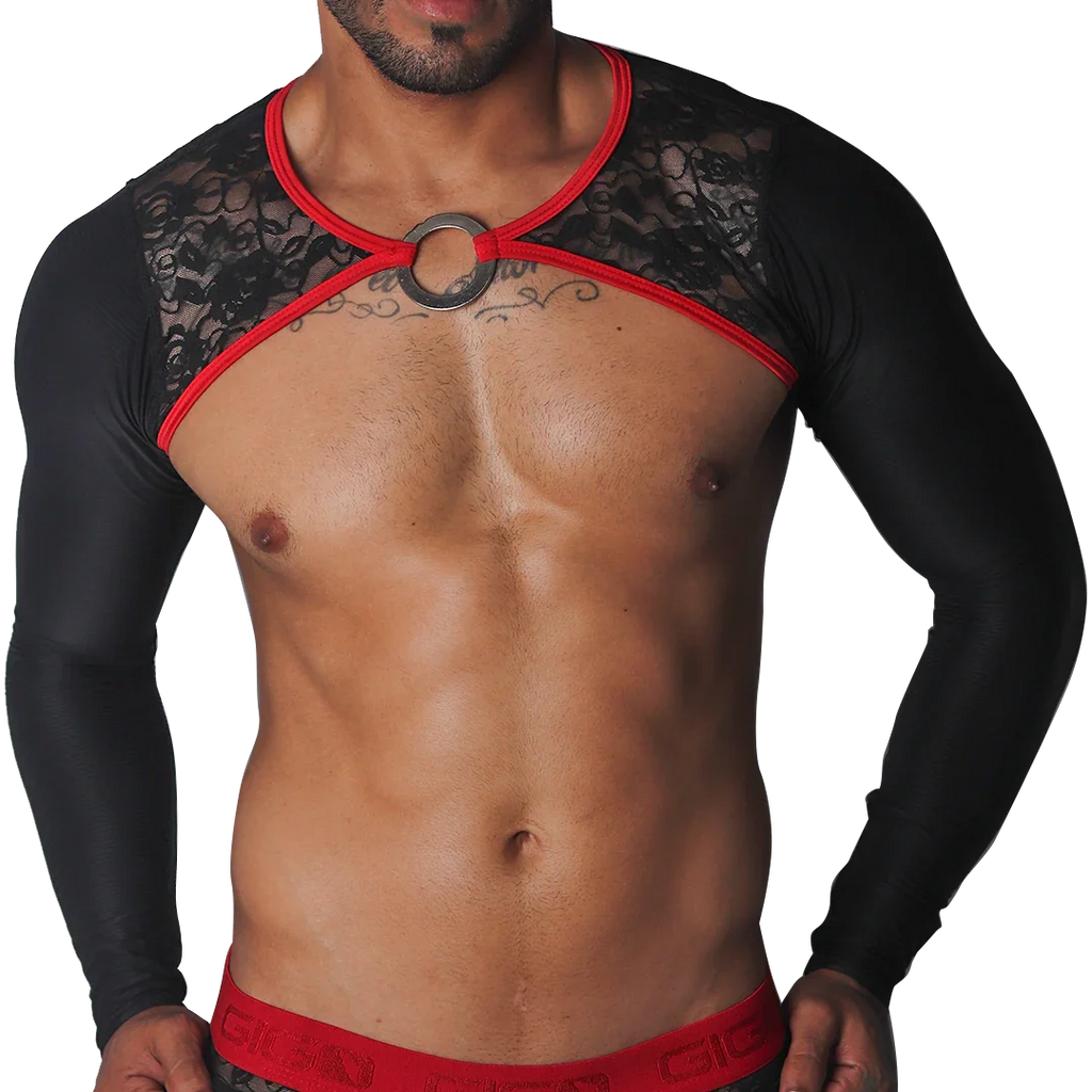 Black long-sleeve harness with floral lace chest panels, red trim, and a central metal O-ring.