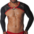 Black long-sleeve harness with floral lace chest panels, red trim, and a central metal O-ring.