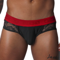 Black jock thong with floral lace side panels and a wide red elastic waistband featuring the Gigo logo.