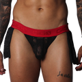 Black lace Gigo mini skirt with a red branded elastic waistband and sheer floral pattern detail.