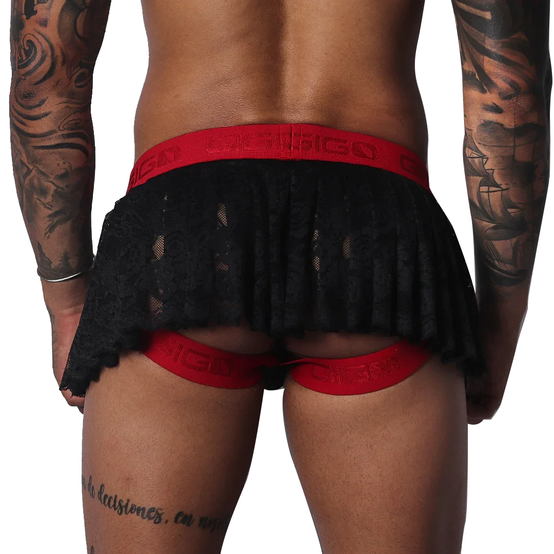 Black lace pleated mini skirt with a red branded elastic waistband and integrated red leg-strap garter design.