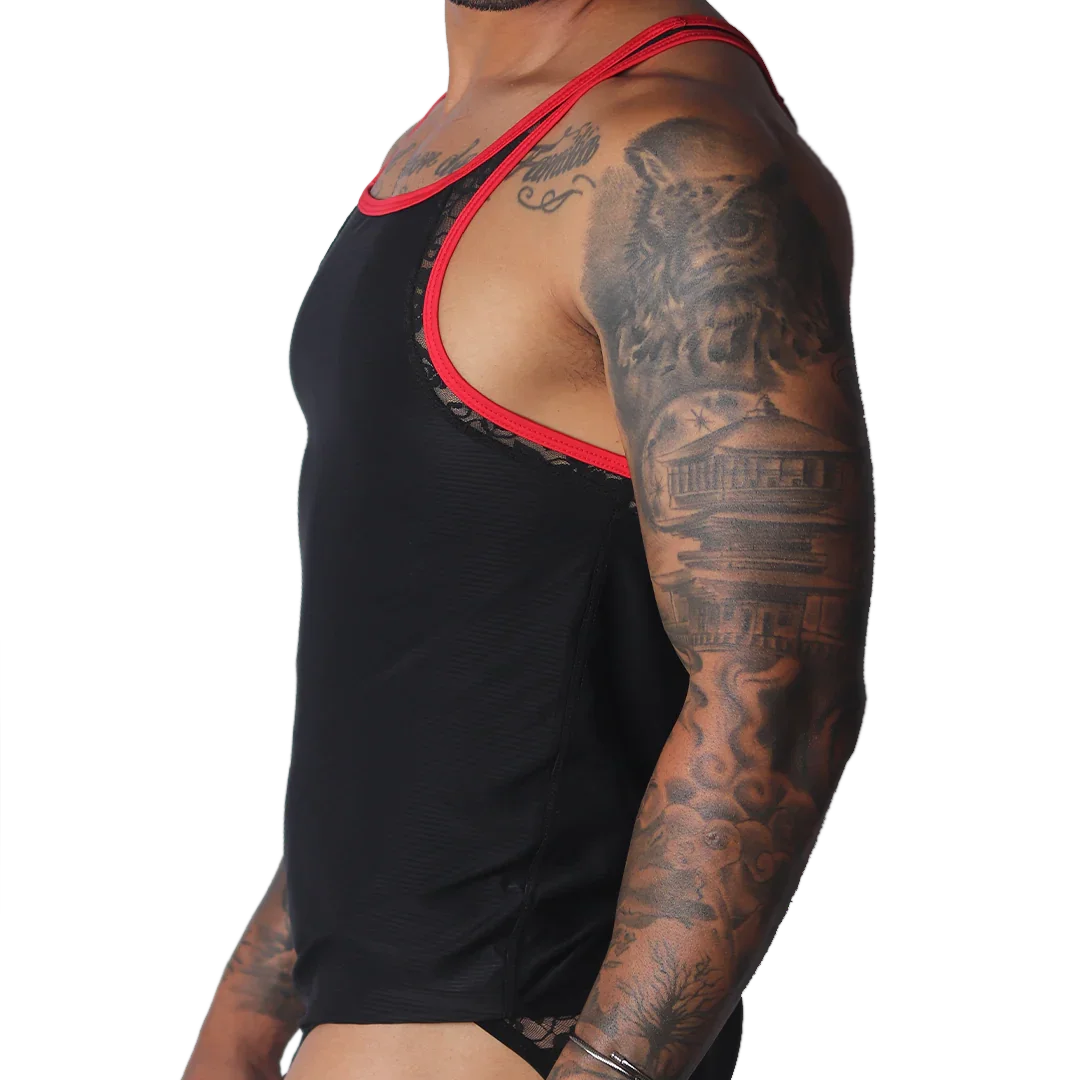 Black tank top with red trim, featuring intricate black lace side panels and racerback-style straps.