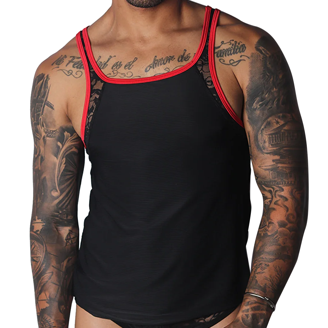 Black tank top with red trim, lace shoulder panels, and a subtle ribbed texture.