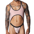 Romantic pink ribbed mesh bodysuit with black trim, a large midriff cutout, and a pink floral lace thong pouch.