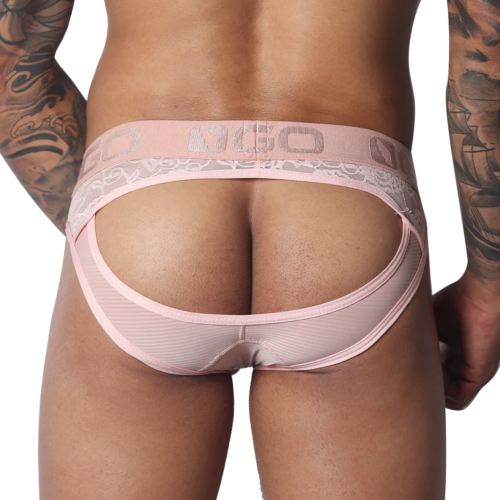 Romantic pink jockstrap featuring a sheer mesh pouch, lace trim, and a branded elastic waistband.