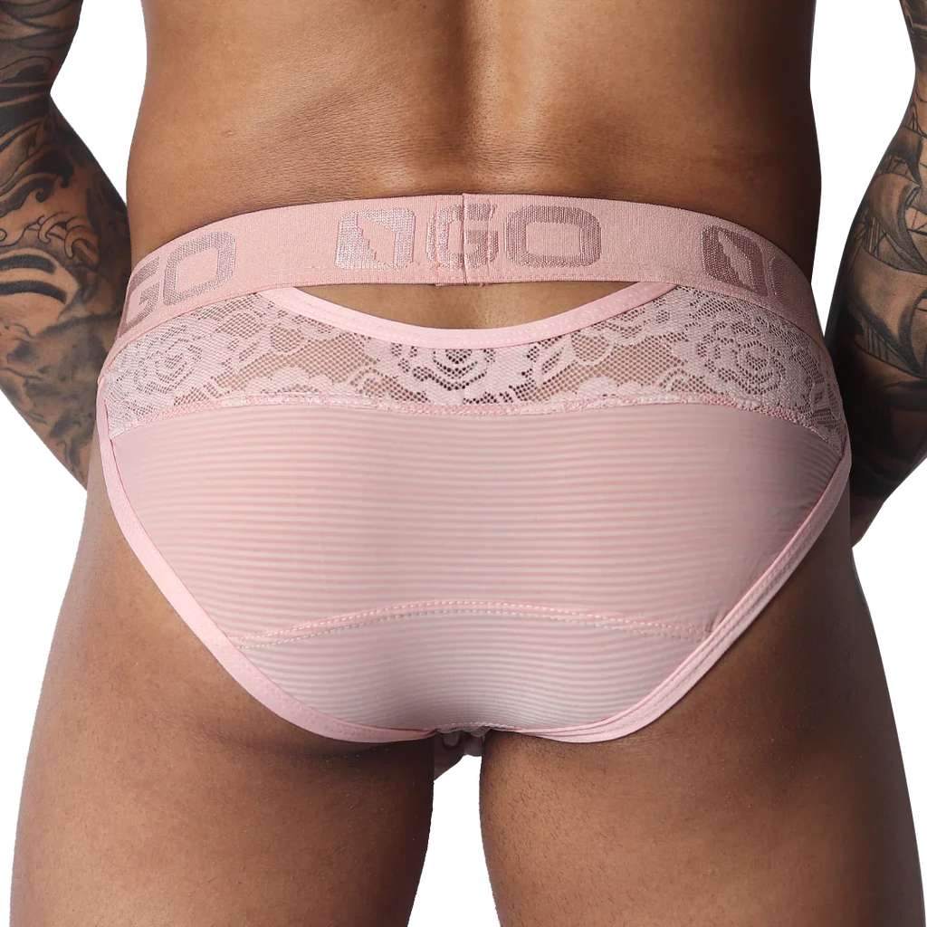 Pastel pink briefs with floral lace detailing, sheer striped fabric, and a branded elastic waistband.