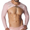 Pink long-sleeve crop harness featuring floral lace shoulder panels and a central metal O-ring chest connector.