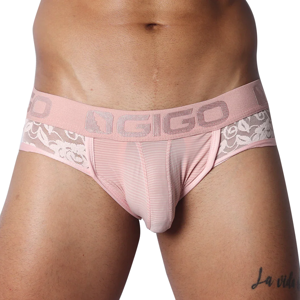 Romantic pink jock thong with sheer striped mesh, floral lace sides, and a branded elastic waistband.