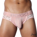 Romantic pink jock thong with sheer striped mesh, floral lace sides, and a branded elastic waistband.