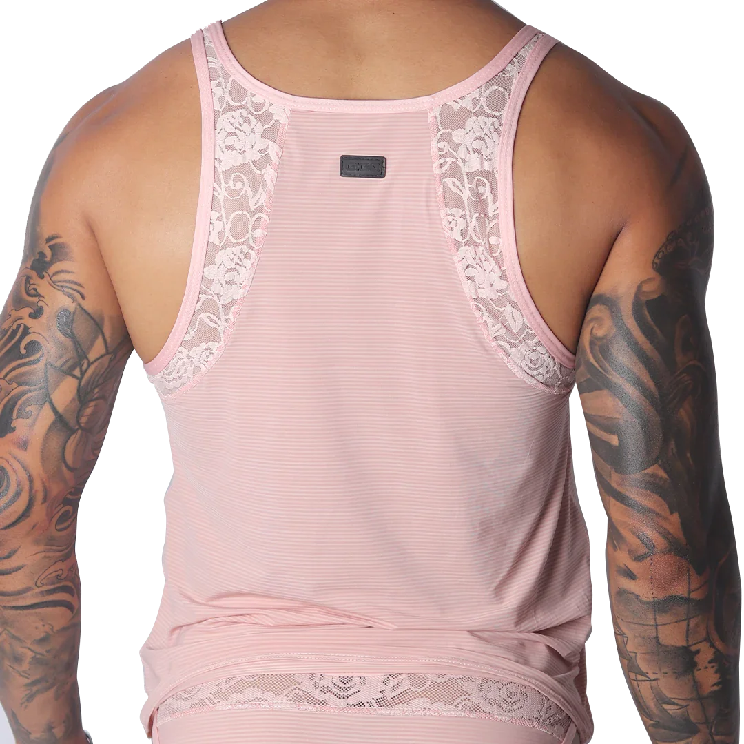 Romantic pink tank top in ribbed mesh with decorative floral lace trim along the shoulder straps and hem.