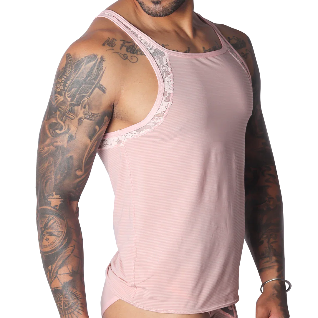 Romantic pink, ribbed-texture tank top with delicate lace trim along the neckline and armholes.