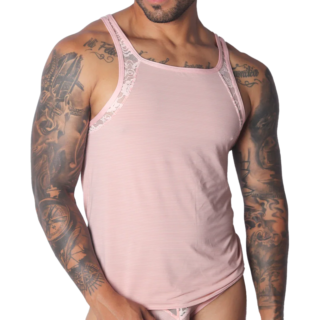 Romantic pink ribbed tank top featuring delicate white lace trim along the shoulders and neckline.