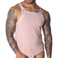Romantic pink ribbed tank top featuring delicate white lace trim along the shoulders and neckline.
