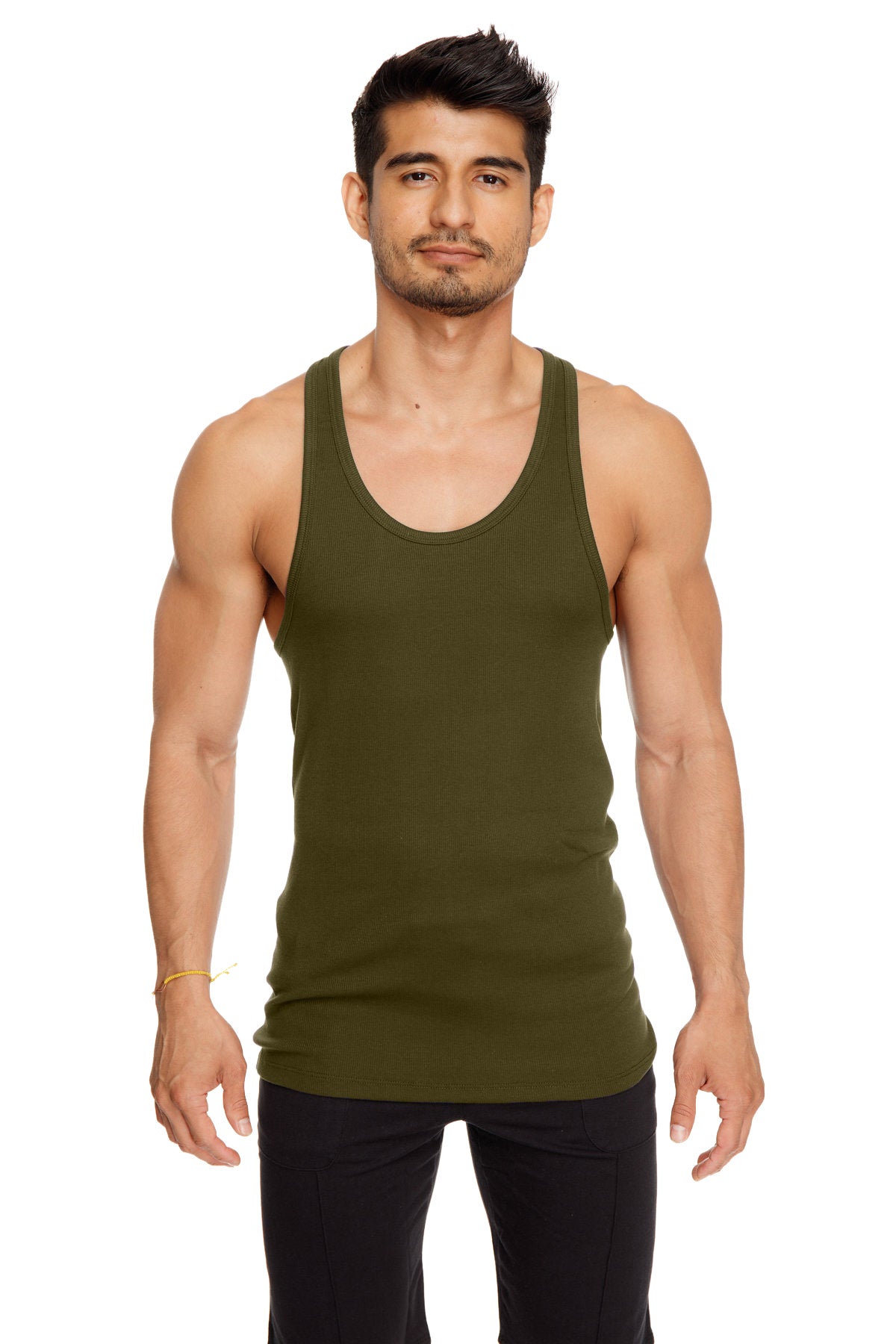 Olive green racer-back yoga tank with a simple fitted design perfect for workouts and casual wear