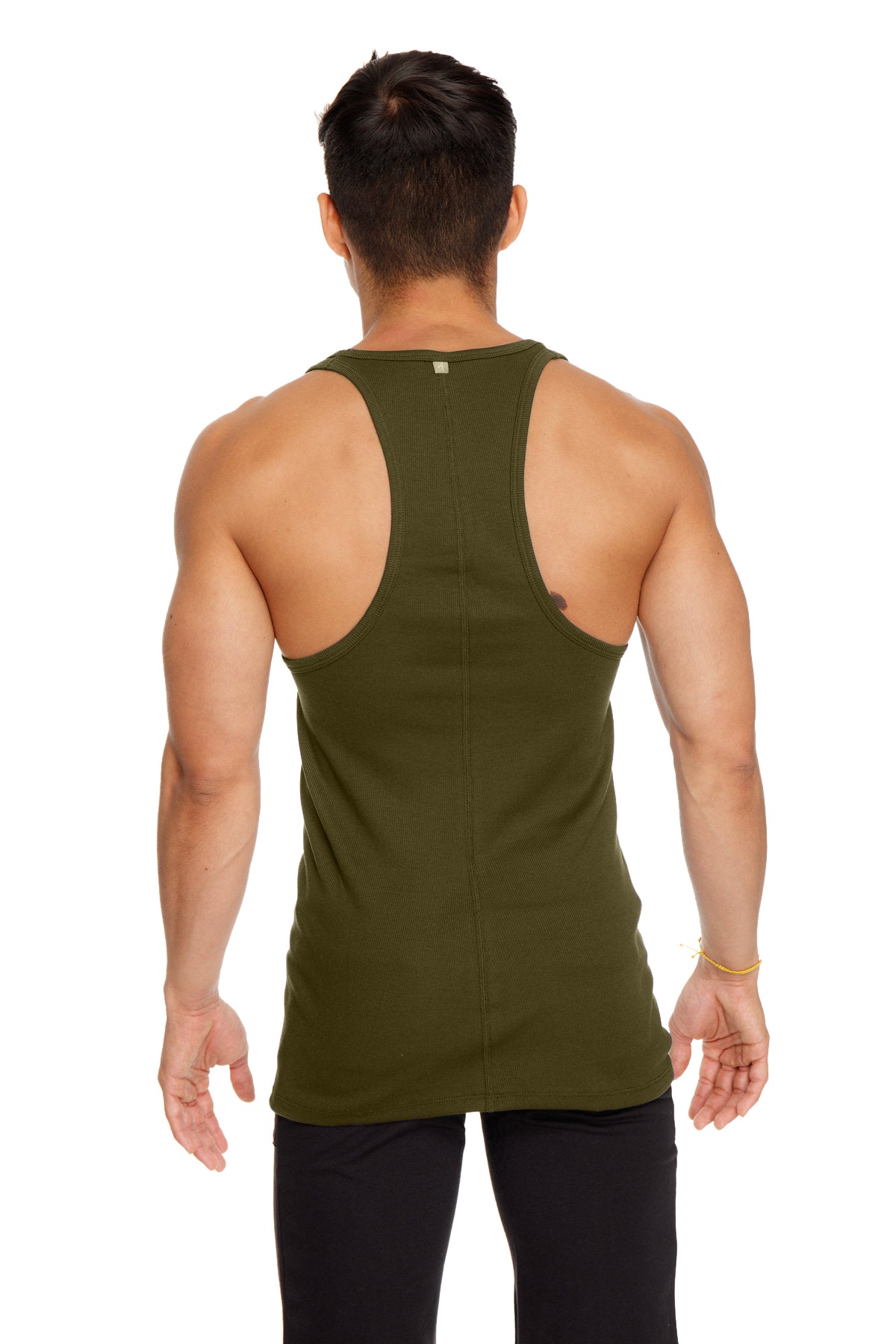 Olive green racer-back yoga tank top featuring breathable fabric and a slim fit for comfortable workout wear
