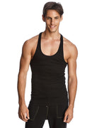 Black sleeveless racer-back yoga tank with scoop neckline and ribbed hem ideal for activewear and workouts