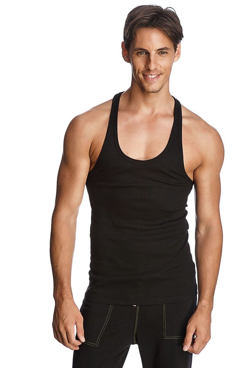 Black sleeveless racer-back yoga tank with scoop neckline and ribbed hem ideal for activewear and workouts