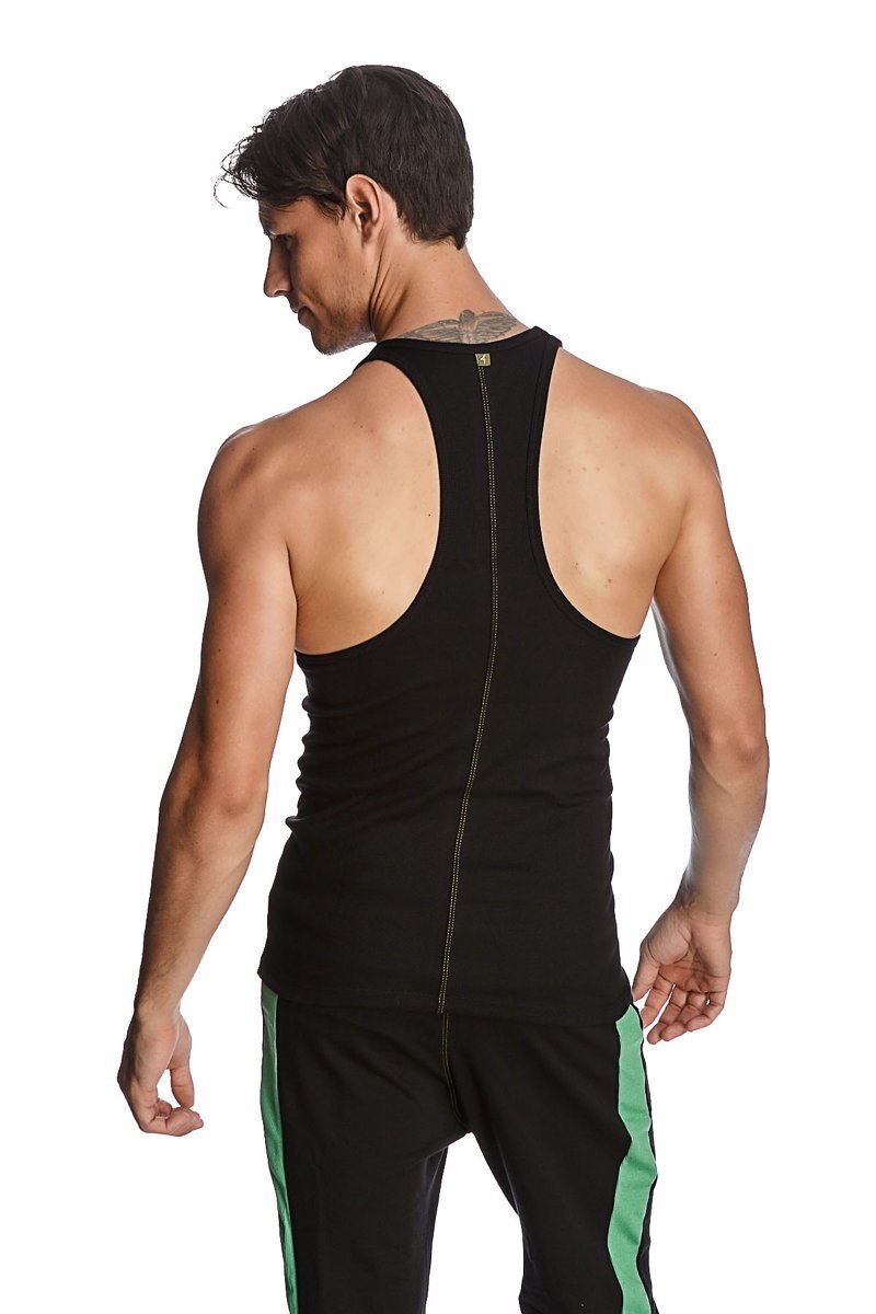 Back view of a black racer-back yoga tank with a central zipper detail for easy wear and ventilation