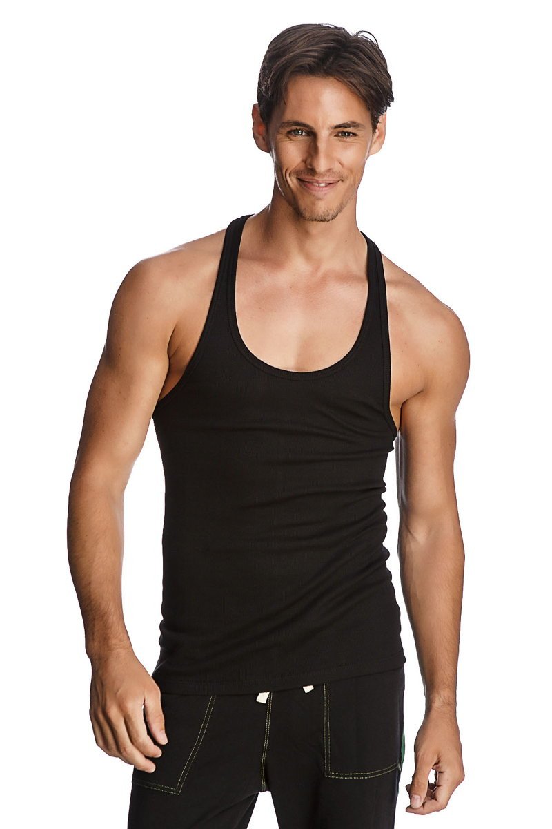Black racer-back yoga tank with smooth fitted fabric and subtle white stitching along the seams back side view