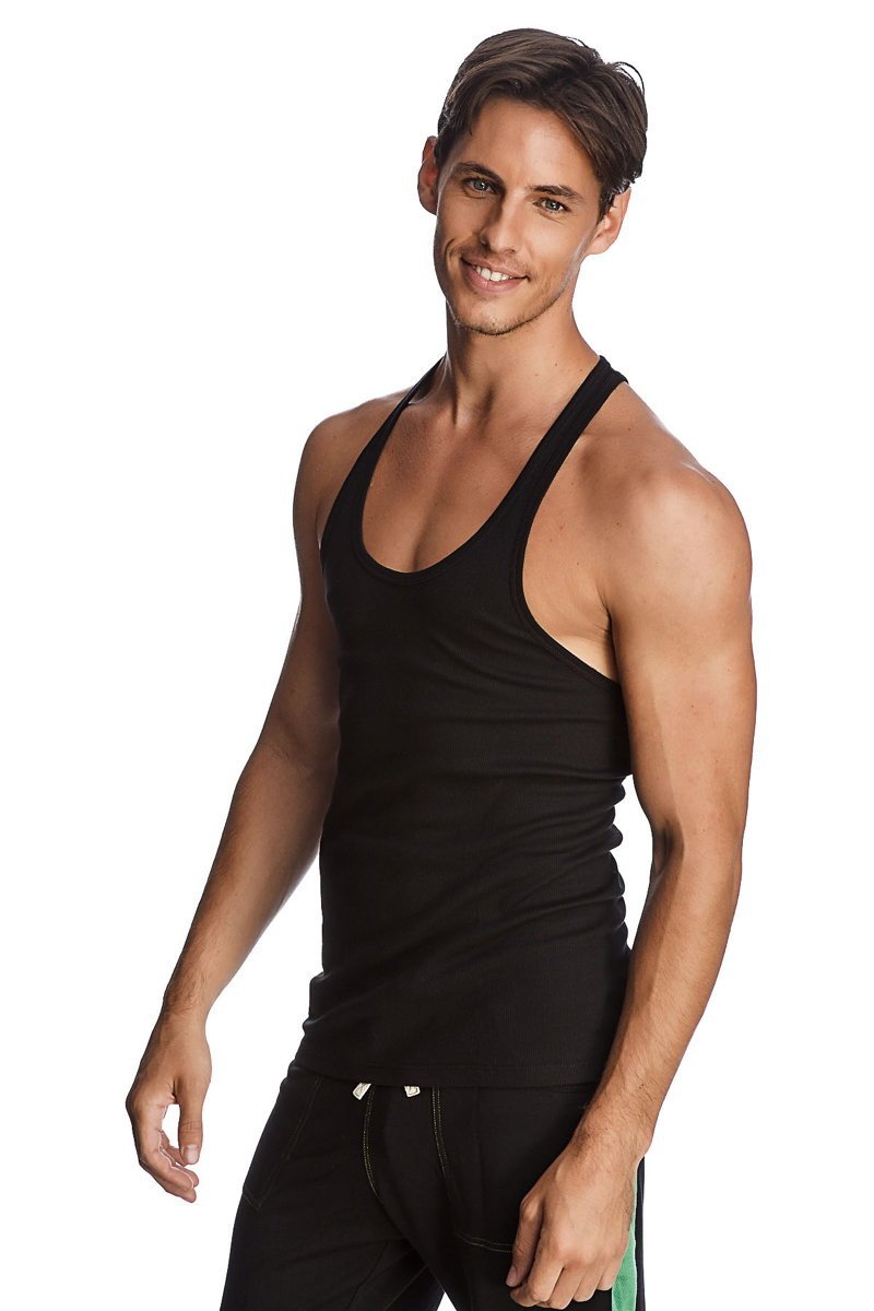 Black racer-back yoga tank with fitted form-fitting design perfect for activewear and workouts